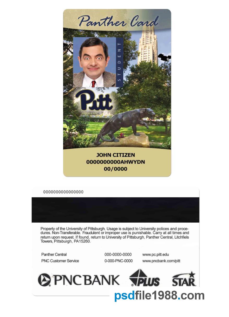 USA The University of Pittsburgh Student ID Card, Panther Card